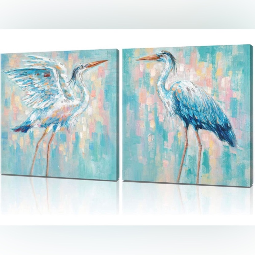 COPY - COPY - New Teal Blue Heron Canvas Wall Art Beach Decor Set of 2 Sea Bird…